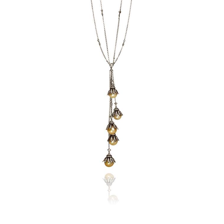 Annoushka fine jewellery necklace from the Golden Pearls collection is reminiscent of the glamorous Twenties with golden South Sea pearls and diamonds set in black rhodium over 18ct white gold.